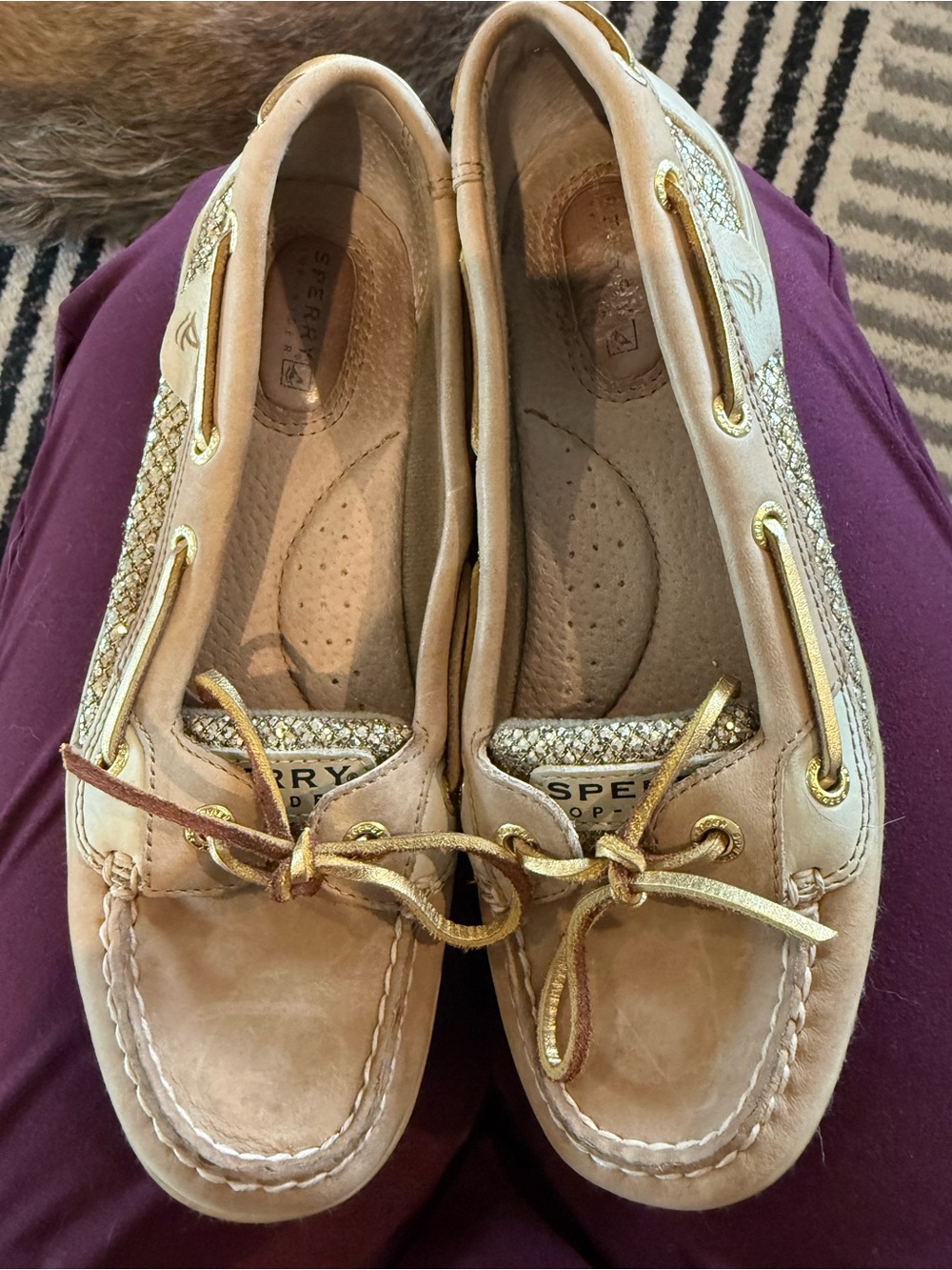 Sperry Women's Tan Suede Boat Shoes with Gold Accents